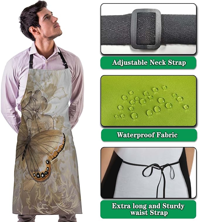Artist Apron Women Fashion Butterfly Mans Aprons for Kitchen Cooking Restaurant BBQ Painting Crafting Gardening 27” (W) x 31” (H), Waterproof Apron