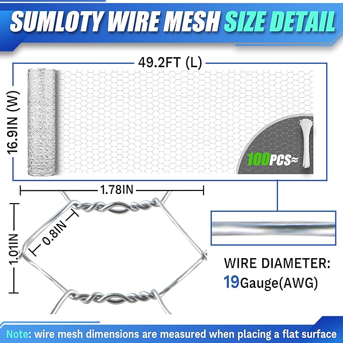 Chicken Wire, 16.9in x 49.2ft Poultry Netting for Garden, 0.6 Inch Hexagonal Galvanized Hardware Garden Fence for Craft Projects, Pet Dog, Rabbit Chicken Fence