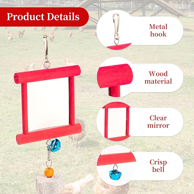 RLRICH 6 PCS Chicken Toys for Coop, Hanging Swing Mirror with Bells Chicken Vegetable Cabbage Feeder for Hens Goose Duck, Chick Beak Grinding Calcium Stone Chewing Toy Chicken Coop Accessories