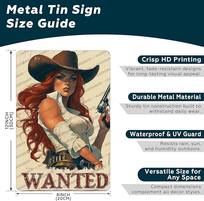 Rustic Cowgirl Metal Tin Sign Wall Art Retro Western Decor Wanted Pin Up Girl Sign 12x8 Inch