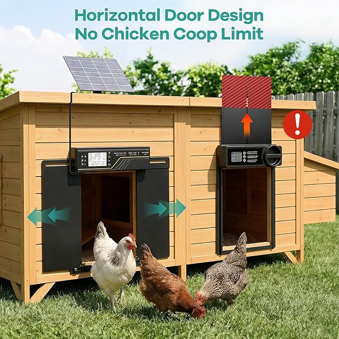 Large Automatic Chicken Coop Door Solar Powered, 4Modes Aluminum Horizontally Dual-Door Design with Timer & Light Sensor, Auto Chicken Door with Remote Control, Excellent Anti-Pinch & Easy to Program
