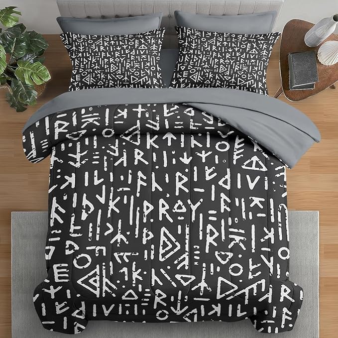 Comforter Set Queen Size, Gothic Viking Black 7 Pcs Bedding for Kids and Adults, Geometric Medieval Norse Bed Sheet Sets with Fitted Sheet 2 Pillowcases & 2 Shams for Bedroom Bed Decor