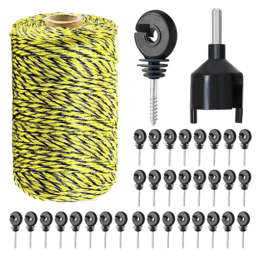 330 Feet Electric Fence Polywire & 30 Pcs Electric Fence Insulator, 1/8" Diameter Portable Electric Fencing Poly Wire Rope Line 6 Steel Strands for Reliable Conductivity & Rust Resistance