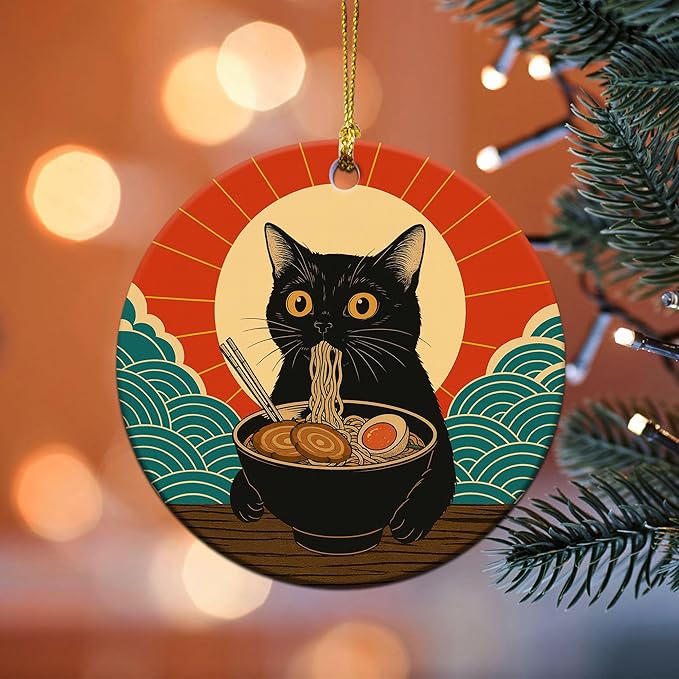 Black Cat Ramen Christmas Ornament - Funny Ramen Japanese Anime Gifts for Women, Men, Cat Lovers - Kawaii Noodle Pet Decor Ceramic Ornament