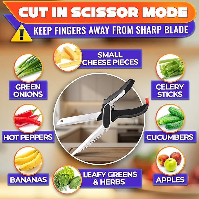 6-in-1 Cutting Board Scissors – Kitchen Shears Heavy Duty with Built-In Mini Board, Ribbed No-Slip Blade, Spring-Assist, Safety Lock & Dishwasher-Safe Design – Meat Scissors for Veggies, Fruits, Fish