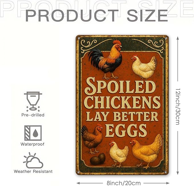 Funny Chicken Metal Sign Outdoor, Aluminum Farmhouse Wall Decor for Coop Door or Yard Area, Fluffy Humor Country Living Style, Rustic 8x12 Inch Gift