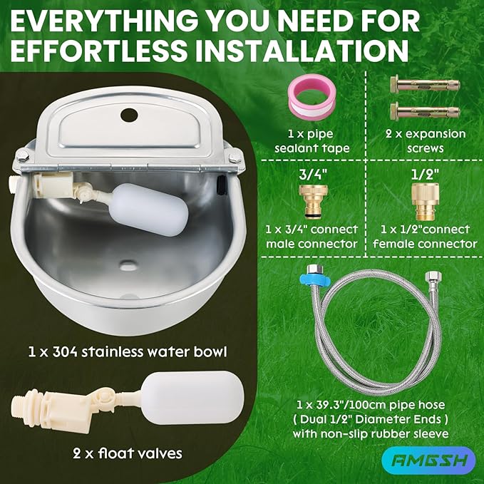 Automatic Animal Drinking Water Bowl, 304 Stainless Steel Waterer with Float Valves, 39" Pipe Hose (1/2" Ends), 1/2" to 3/4" Adapter, Livestock Water Trough Dispenser for Dog Horse Goat Pig Cow