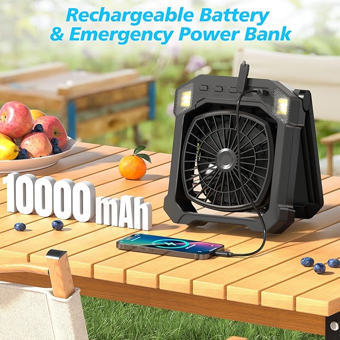 Camping Fan Battery Powered & Solar Powered, Portable Solar Fan 10000mAh Rechargeable Outdoor Fans with Light, Quiet Cordless Fans for Tent, RV, Emergency, Hiking, Power Outage, Desk, Survival Kit