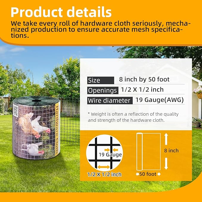 8in x 50ft Green Hardware Cloth 1/2 inch 19Ga PVC Coated Wire Mesh Vinyl Coated Fence, Welded Metal Chicken Wire Fencing Roll, Garden Plant Fencing, for Chicken Coop and Home Improvement