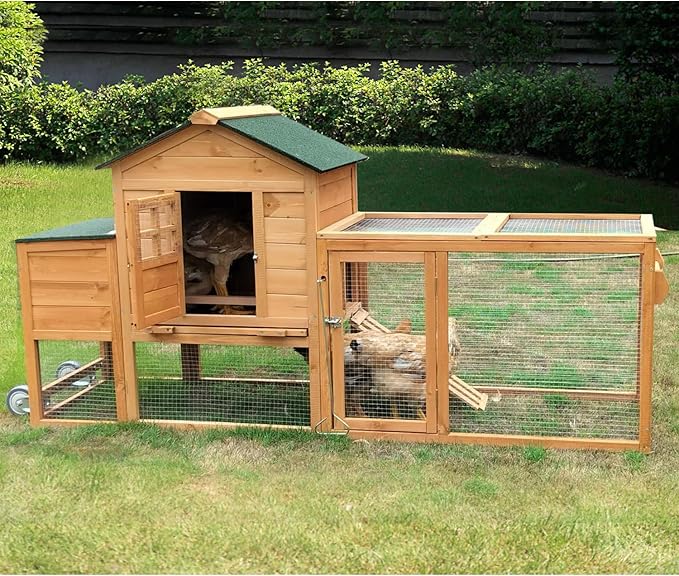 80’’ Large Chicken Coop with Wheels,Mobile Chicken House for 2-4 Chickens,Wooden Waterproof Hen House with Nesting Box,Run,Tray for Chicken Rabbit Duck