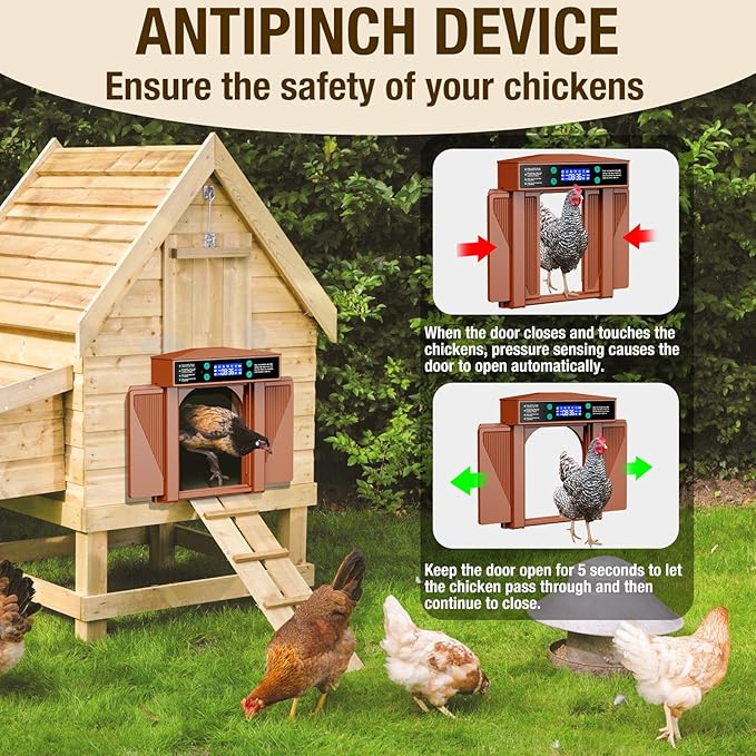 Automatic Chicken Door Easy Program 3 Modes - Manual, Timer and Light Sensor Anti-Pinch Auto Opening and Closing Chicken Coop Door Powered by Battery/DC(Brown)