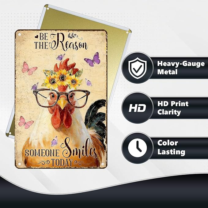 Chicken Signs Rooster Kitchen Decor Be the Reason Someone Smiles Today Tin Signs Vintage Coop Metal Decor Rustic Wall Art For Home Farmhouse Farm Poultry House Cafe Bar Pub Office 12 * 8 In