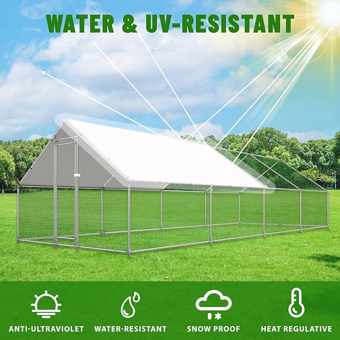 Large Metal Chicken Coop Walk-in Poultry Cage with Water-Resident and Anti-UV Cover Duck Rabbit Cat House Outdoor Chicken Run Pen with Spire Shaped Cage
