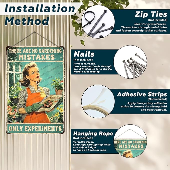 Vintage Garden Metal Sign Gardener Gardening Girl Poster There Are No Gardening Mistakes Only Experiments Metal Poster Garden Home Art Wall Decor 12x8 Inch