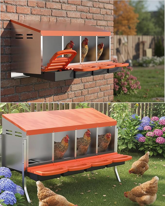 Chicken Nesting Boxes, 4 Hole Metal Rollaway Nest Box for Laying Hens with Cleanable Pull-Out Trays Wall Mount or Placed Design for Easy Egg Collection & Cleaning(Includes Legs)