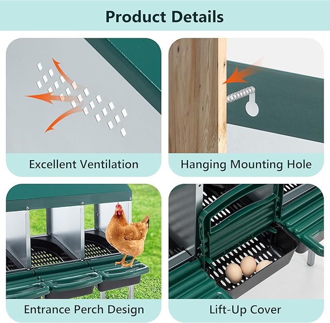 Chicken Nesting Box, 3 Compartment Wall Mount Metal Chickens Laying Boxes with Legs for Hens, Ducks, Roll-Out Egg Collection for Chicken Coop, Backyard, Farms, Green