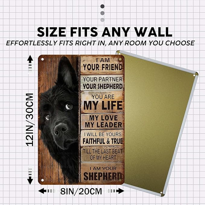 Vintage Black Dog Tin Sign I Am Your Friend Retro Shepherd Metal Poster Funny Nostalgic Wall Decor Wall Art For Home Cafe Bar Living Room Indoor Bedroom Man cave Garage 12 * 8In
