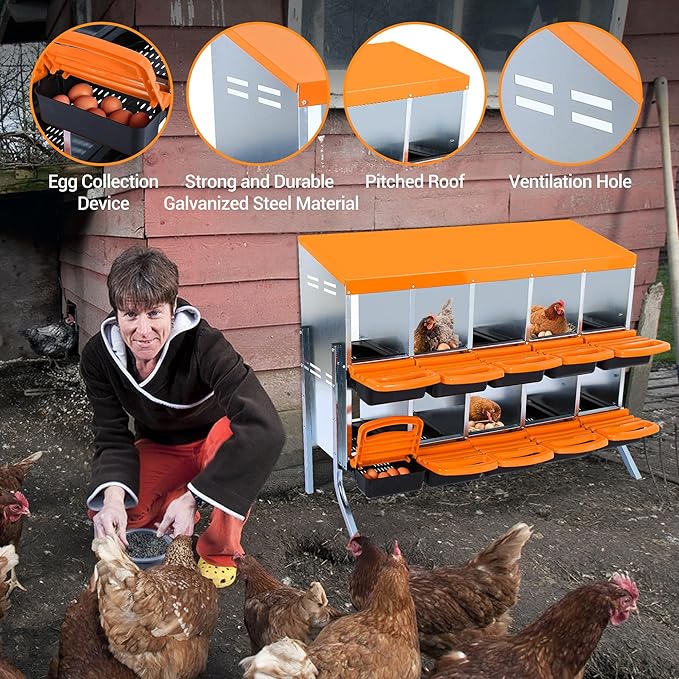 Chicken Nesting Box 10-Hole Roll Away Egg Laying Box with Lid & Stand, Galvanized Steel Rustproof Poultry Coop Box, Easy Clean, Wall Mountable No Bracket Needed for Hens, Orange