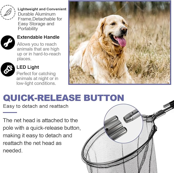 Animal Catcher Net, Dog Catching Net, Animal Catch Pole Tools for Poultry, Chicken, Feral Cat, Duck, Goose, Bird, Skunk, Bat, Fox, Raccoon, Guinea Fowl, Pigeon,Tuna and Small Animals