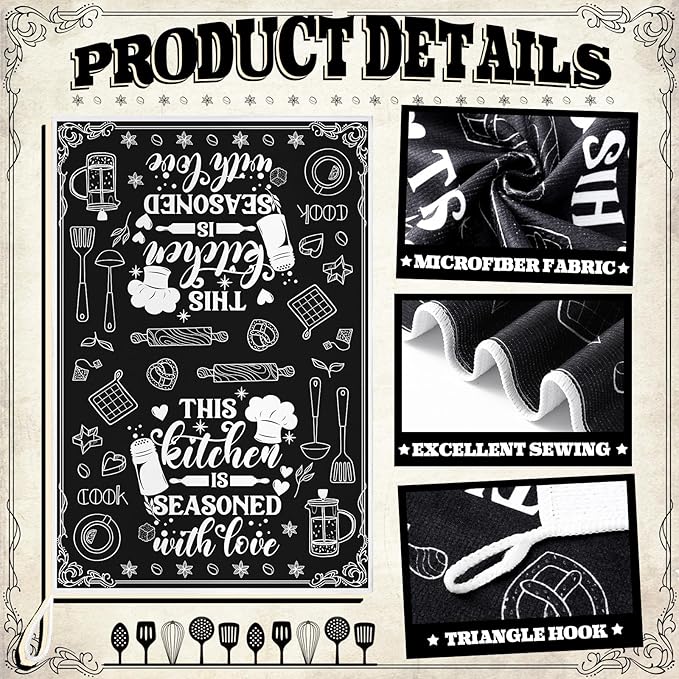 6 Pcs Kitchen Towels Decorative Set Chicken Rooster Dish Hand Towels Farmhouse Funny Quotes Chef Prints Tea Cloths for Home Bathroom Kitchen Decor Gifts(Black, White,Utensils)