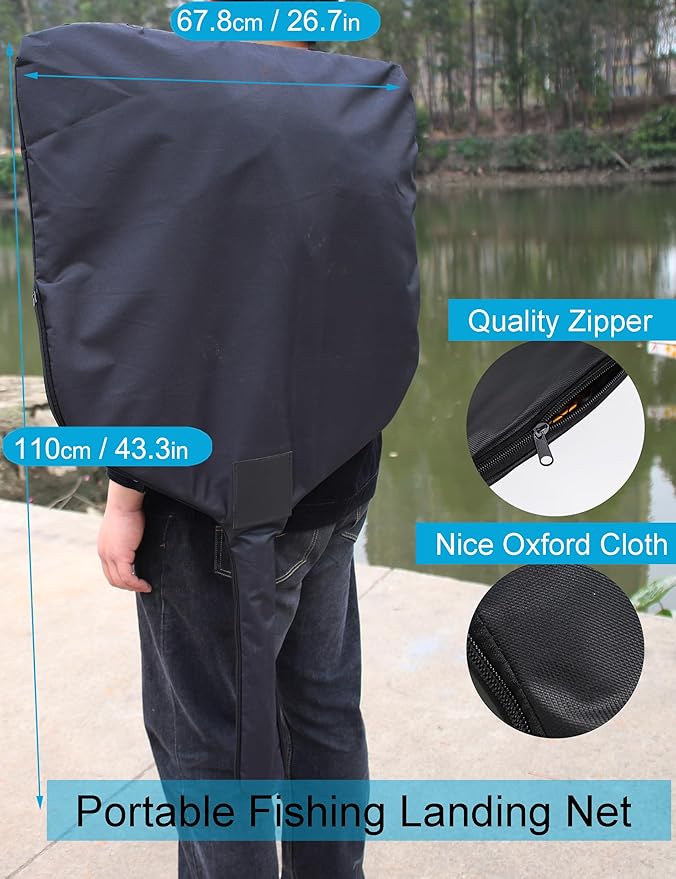 Beoccudo Extra Large Saltwater Fishing Net - 70.8"-105" Heavy Duty Telescopic Aluminum Handle, 37" Deep Snag-Free Rubber Mesh for Big Catfish Bass, Kayak Fishing Net with Carrying Bag