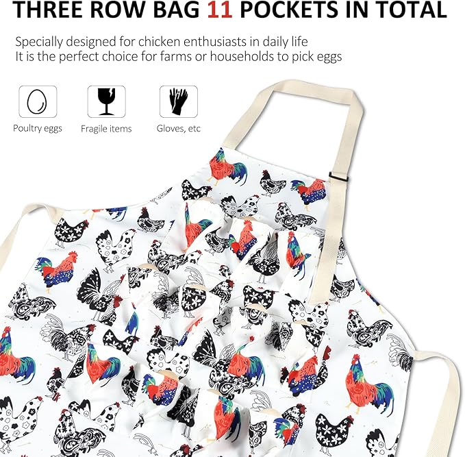 Enduring Canvas Egg Apron, Egg Collecting Apron with 11 Pockets Chicken Egg Apron with Adjustable Strap and Belt Washable Machine Egg Collecting Apron for Chicken Duck Goose Eggs
