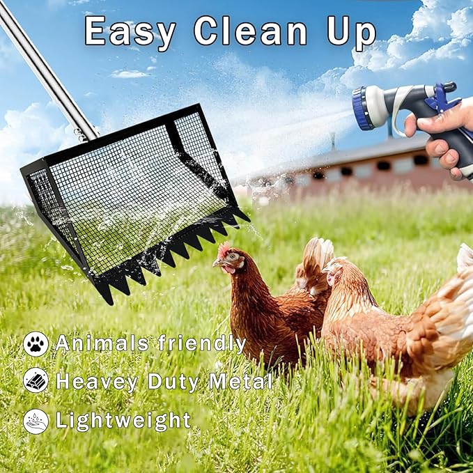 12" Metal Chicken Poop Scooper Rake for Sand with 24 to 68" Handle, Adjustable Chicken Poop Scooper for Poop,Wide 10”Poop Shovel Cleaning Tools, Heavy Duty Sifting Shovel (Black Max)
