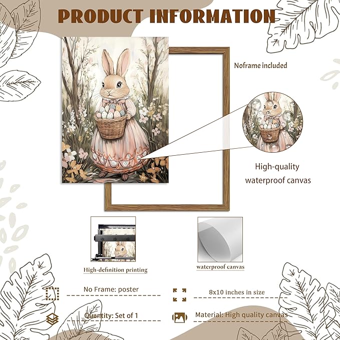 Easter Bunny Canvas Wall Art, Rabbit & Egg Basket Poster Prints, Farmhouse Style Holiday Wall Decor, Vintage Rustic Home Artwork for Kids Room Bedroom Living Room 12x16 inch Unframed