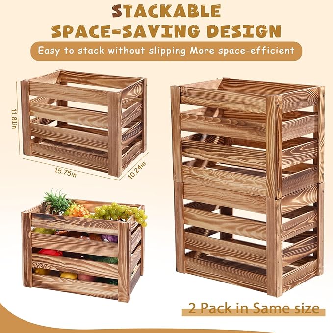 Ripeng 3 Pack Wooden Large Crates Storage Crate Decorative Wood Crates Wooden Storage Container with Handles for Display Decor 15.75 x 11.8 x 10.24 inches