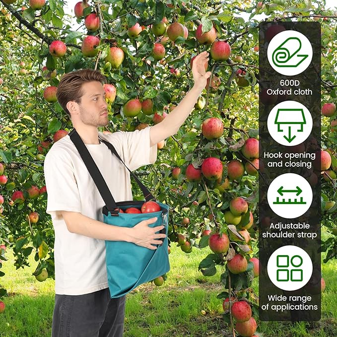 Large Fruit Picking Bag, Waterproof 600D Oxford Cloth Fruit Storage Harvest with Quick Discharge Bottom, Heavy Duty Garden Apron Pouch for Outdoor Orchard, Farm, Garden, Vegetable, Fruits