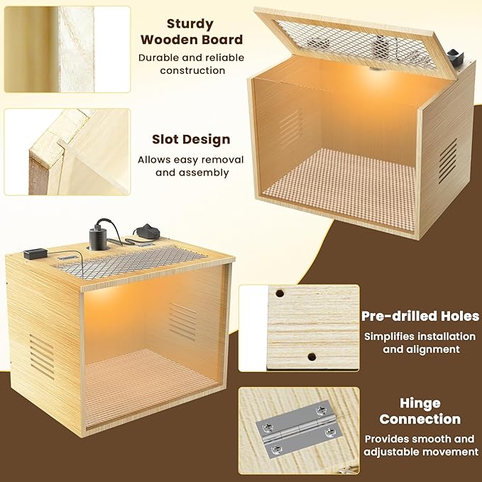 Chicken Brooder Box for Chicks Starter Kit, 16 Inch Wooden Chicken Brooder Box with 75W Heating Lamps, Thermometer and Tin Foil, Poultry Breeding Kit, for 5-7 Chicks Ducks Quail Hamsters