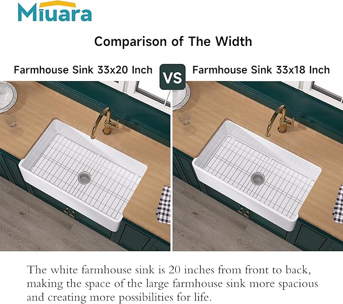 Miuara Farmhouse Sink 33 Inch - White Apron Front Kitchen Sink Reversible 33"x20"x10", Undermount, Farm House Style Large Deep Single Bowl, Heavy Duty Solid Fireclay, Glossy White, for Kitchen