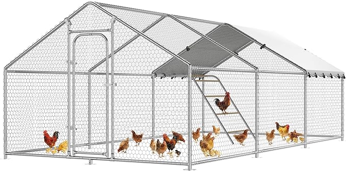 Large Metal Chicken Coop with Waterproof and UV-Resistant Cover,Chicken Run Outdoor Walk-in Cage Rabbit Duck Hen House for Yard Farm Use Spire Roof(10' L x 14.8' W x 6.4' H)