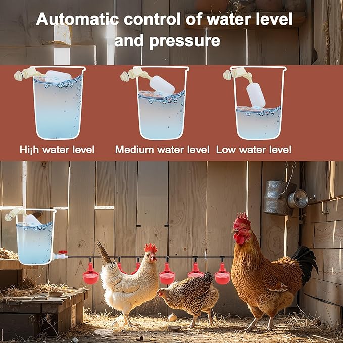 Automatic Chicken Watering System Including 8 Chicken Water Cups, 6 Meters Black Plastic Hose, Other Pipe Accessory, Float Valve Automatically dispenses Water, Making Poultry Feeding Easy