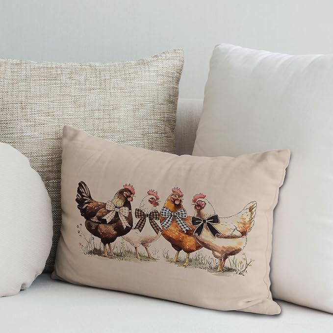 Farmhouse Chicken Lumbar Pillow Covers 12x20 Inch, Chicken Lover Gifts for Women, Farmhouse Chicken Decor