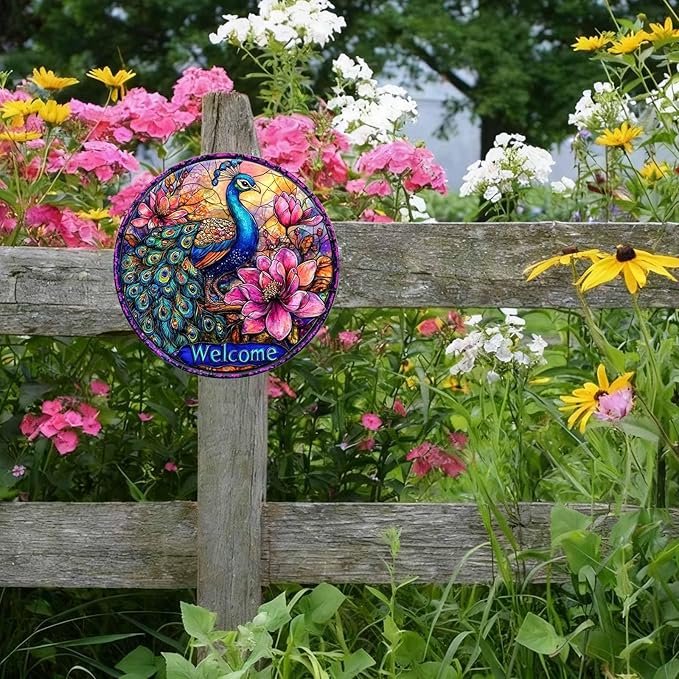 Peacock Round Metal Tin Sign Wreath Welcome Wreath Vintage Wall Art Decor for Home Garden Bar Decor 12x12inch
