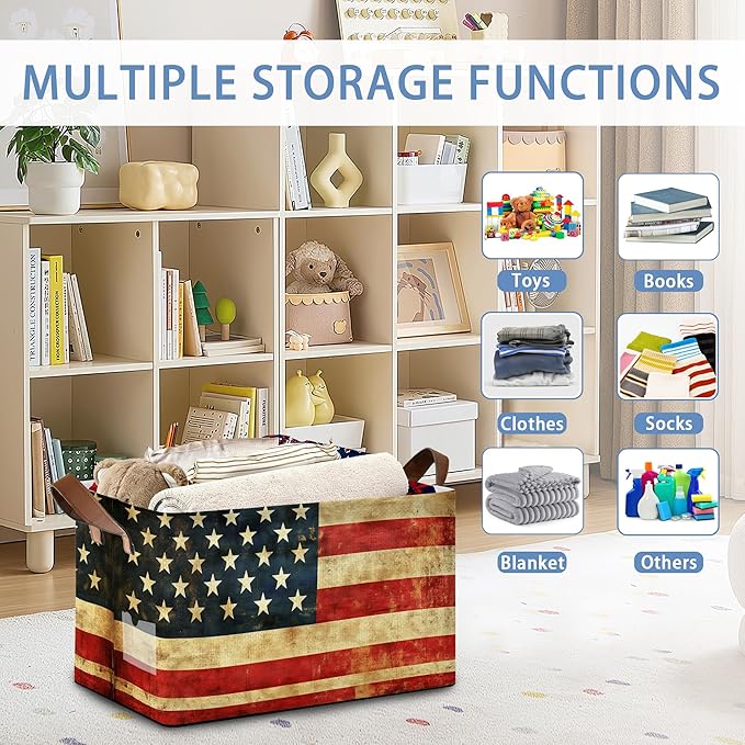 Vintage Flag Storage Baskets,Foldable Large Capacity Organizer Bins with Waterproof Lining and Leather Handles for Closet,Shelf,Bedroom 17x11.5x10Inch