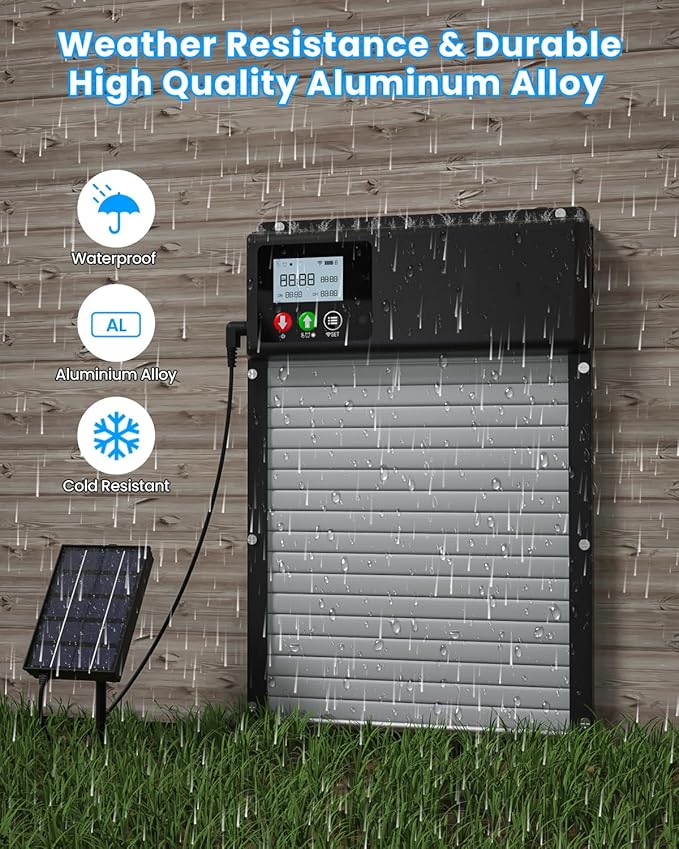 Automatic Chicken Coop Door Solar Powered, WiFi Automatic Chicken Door APP Control, Solar Chicken Coop Door Timer & Light Sensor, Auto Chicken Coop Door Opener LCD Display Aluminum Anti-Pinch Design