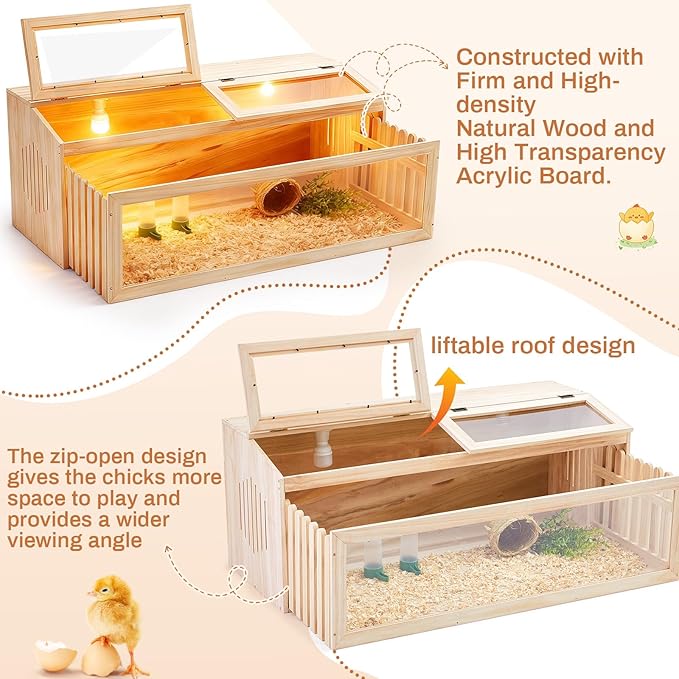 Large Brooder Box Kit for Chick 40 x 16 x 16 in Wooden Brooder with a Pull Out 15in Wide Extension Space, Heating Bulb, Feeder, Waterer, Holds up to 35 Chicks, for Poultry, Duck, Quail, and Small Pet