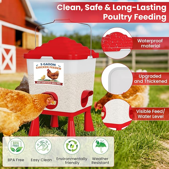 Chicken Feeder and Waterer Set, 5 Gallon Automatic Chicken Waterer with Cups, 40LB Large Chickens Feeders No Waste, Chicken Coop Accessories, Poultry Feeder & Chicken Watering System for Ducks, Quails