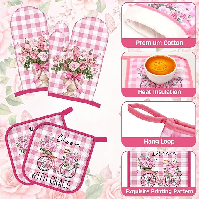 10 Pcs Pink Rose Kitchen Decor Set Towels and Rugs Oven Mitts and Pot Holders Farmhouse Spring Kitchen Decor Set for Women Mom Gift Cooking Baking Grilling