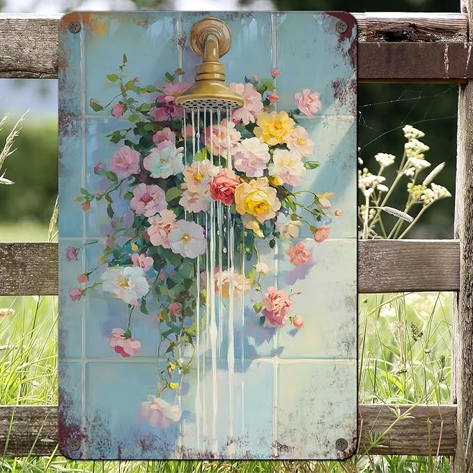 Floral Bathroom Metal Wall Sign Bathroom Flower Wall Art Wildflower Watercolor Print Floral Shower Decor Flower Vintage Poster Sign 12x16inch