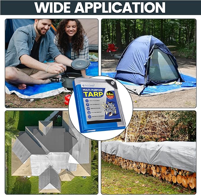 TICONN Heavy Duty Tarp Cover, Extra Thick Tarps Waterproof Tear and Rip Proof UV Resistant Tarpaulin with Reinforced Grommets and Edges (5.5 Mil, 10'×10')