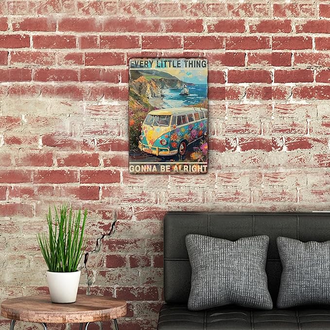 Sanwarm Metal Sign 8X12 Inch, Bus Hippie Flower Vintage Tin Sign Wall Art Decor for Home, Living Room, Kitchen, Garden, Bedroom, Office, Hotel, Cafe And Pub Decoration