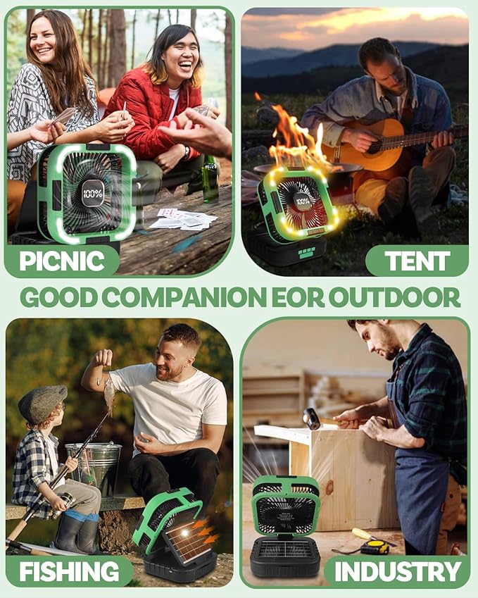 25000mah Camping Solar Fan, 120° Oscillation Rechargeable Solar Powered Fan with LED Light, 6 Adjustable Speeds Battery Powered Portable Fans, USB-C Fans for Travel Tent Camping Accessories