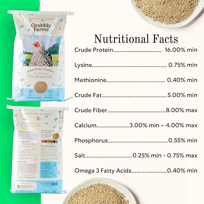 Grubbly Farms Fresh Pecks Layer Chicken Feed Crumbles - 16% Layer Feed for 20+ Week Old Hens, Batams, and Larger Breeds - Contains Black Soldier Fly Grubs - No Soy, Corn, or Fish - 30 lb Bag