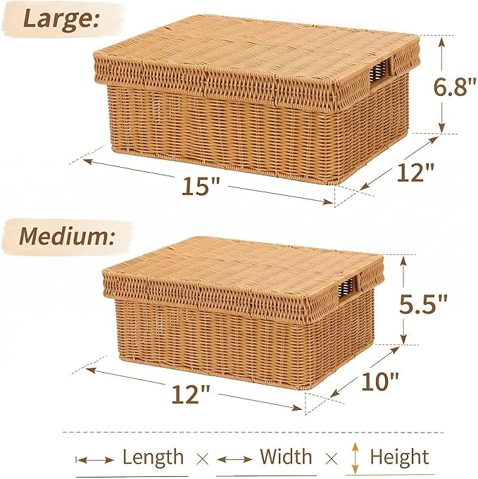 Wicker Storage Basket with Lid - Woven Storage Basket for Organizing,Rectangular Decorative Boxes Bins with Lids for Shelves,living room, Nursery, 2-Piece Set(Light Brown)