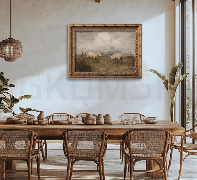 Vintage Gold Framed Farmhouse Animal Wall Art Retro Country Sheep Oil Painting Wall Decor Farm lamb Canvas Prints Retro Rustic Poster Artwork for home decor kitchen Living Bedroom 12x16in