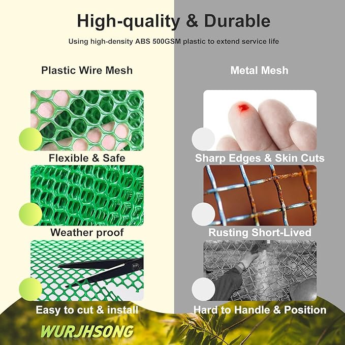 Plastic Wire Mesh Fence 16in x 20Ft Plastic Chicken Wire Mesh for Poultry, Dogs, Rabbit, Snake Barrier & Gardening Versatile Plastic Fencing (16in x 20Ft, Green)