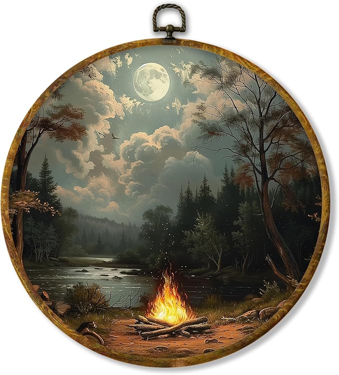 Hiuwevt Forest Campfire Round Wall Art Decor, Vintage Moody Pine Tree Campsite Framed Canvas Prints, Retro Rustic Forest Camping Round Wall Hanging Decor for Bedroom Home Decorations, 10x10 Inches